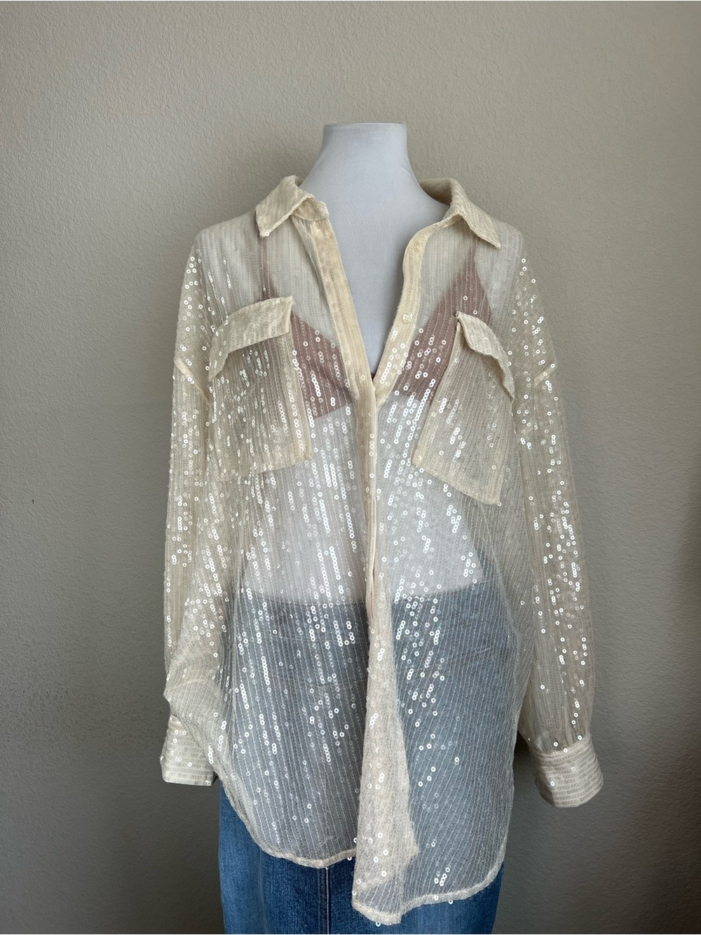 Jeannie Mai x INC Sequin Cream Sheer Button-Up Shirt - Picture 2 of 8